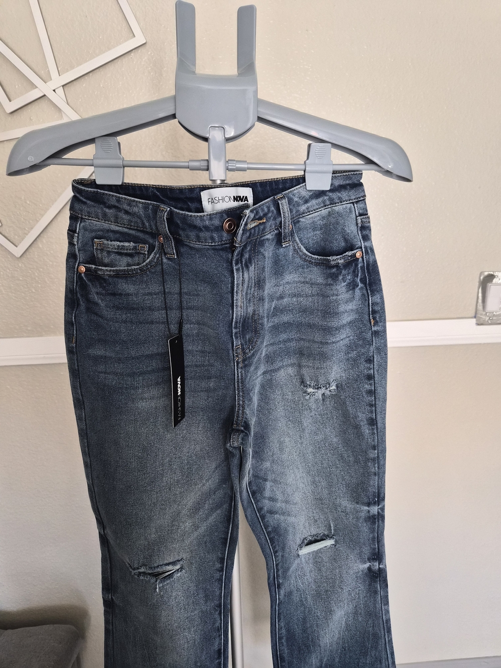Fashion Nova Women's Straight Leg Distressed Blue Jeans